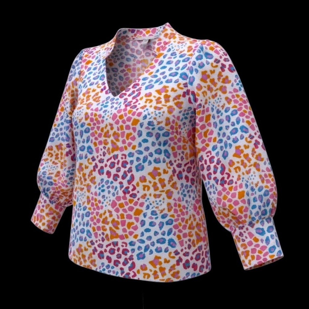 Michelle McDowell Womens Pink Orange Blue Leopard Puff Sleeve Blouse Small